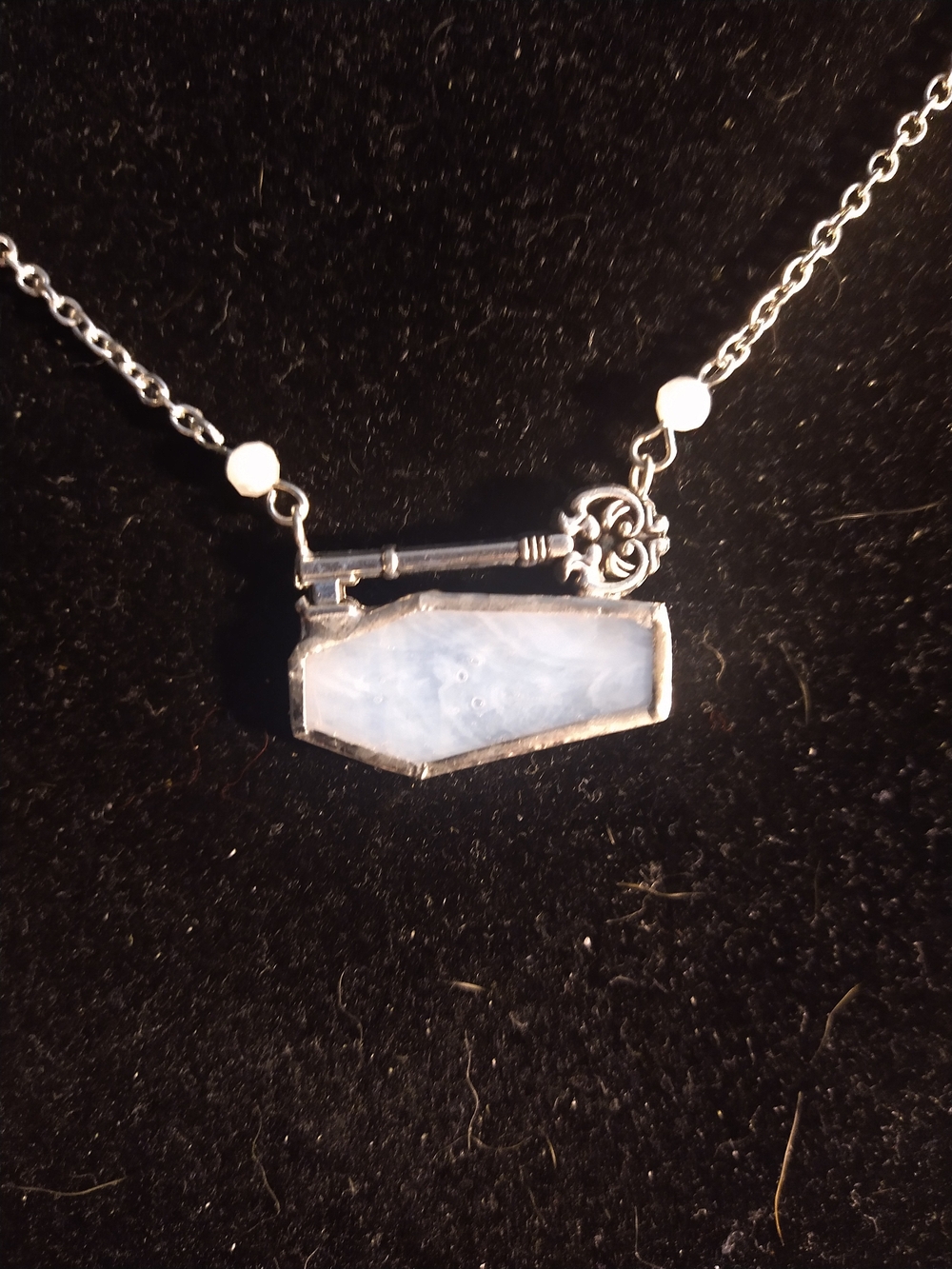 Silver Key & White Stained Glass coffin Pendant Necklace